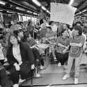 The scene when workers at the crisis torn Coats Viyella factory at Maydown ceased production during a management meeting.