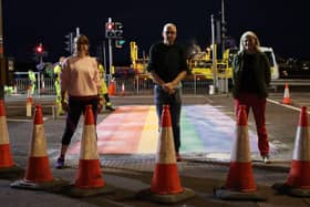 Catherine Hemelryk, Jim Doherty and Shá Gillespie at Derry's new rainbow crossing.