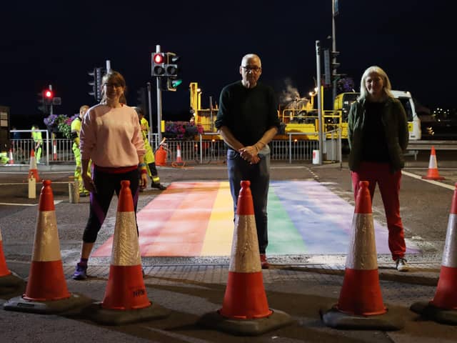 Catherine Hemelryk, Jim Doherty and Shá Gillespie at Derry's new rainbow crossing.