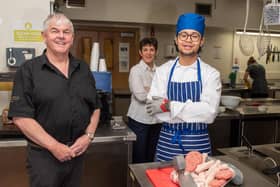 Oran McAtamney, Lecturer in Butchery, Leyonia Davey, Curriculum Manager in Hospitality and Catering at NWRC and Royce Roque, Hospitality and Catering student, launch a series of new butchery courses at NWRC. (Pic By Martin McKeown)