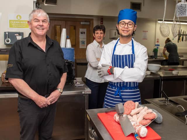Oran McAtamney, Lecturer in Butchery, Leyonia Davey, Curriculum Manager in Hospitality and Catering at NWRC and Royce Roque, Hospitality and Catering student, launch a series of new butchery courses at NWRC. (Pic By Martin McKeown)