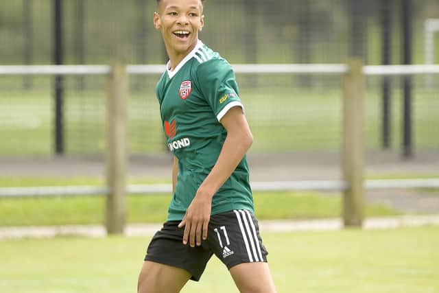 Highly rated Derry City U15 striker Trent Kone Doherty has found the net on 13 occasions for Conor Loughery and Rory Kehoe's side and was called up to the Republic of Ireland U17s. Photograph by The Jungleview