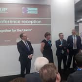 Jeffrey Donaldson, with party colleagues, listening to Boris Johnson at a DUP drinks reception at the Conservative Party conference in October 2019.