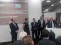 Jeffrey Donaldson, with party colleagues, listening to Boris Johnson at a DUP drinks reception at the Conservative Party conference in October 2019.