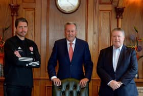 Derry City FC manager Ruaidhri Higgins and Chairman Philip O’Doherty pictured with the club’s new Honorary President Paul Diamond (centre). Photo: George Sweeney. DER2136GS – 084
