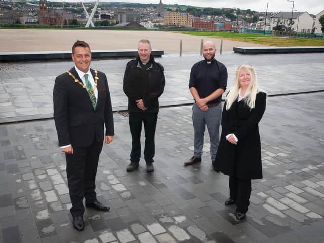 From left, Mayor of Derry/Strabane, Graham Warke, Fr. Sean O’Donnell, Parish of Glendermott and Strathfoyle, Rev. Peter Morris, Clooney Hall Methodist Church, and Joan Gali.