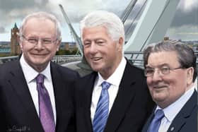 Joe Campbell’s digital painting of Martin McGuinness, Bill Clinton and John Hume on Derry’s Peace Bridge.