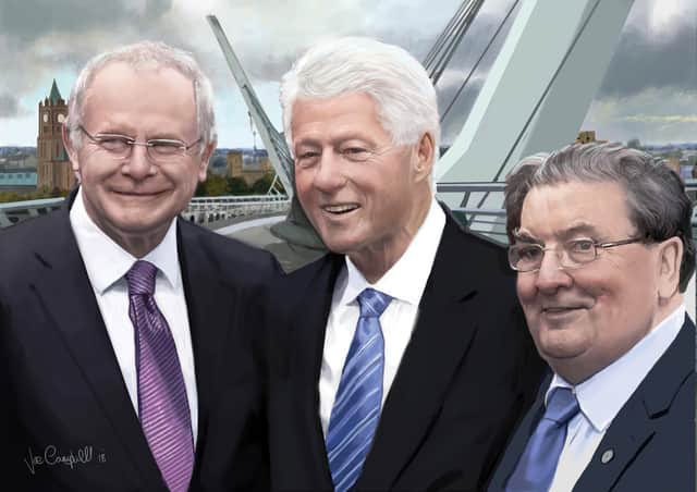 Joe Campbell’s digital painting of Martin McGuinness, Bill Clinton and John Hume on Derry’s Peace Bridge.