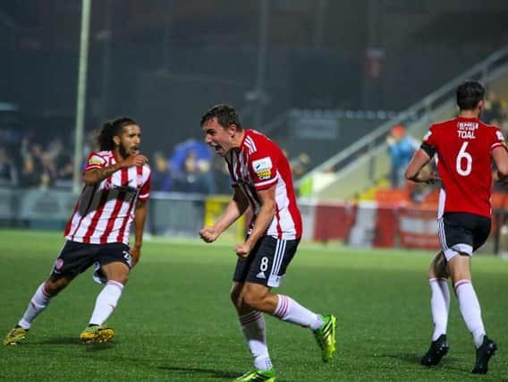 Joe Thomson celebrates his equalising goal. Photo Kevin Moore.