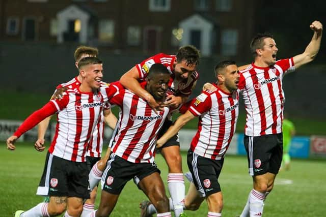 Junior Ogedi-Uzokwe celebrates after putting Derry City in front against Finn Harps. Photograph by Kevin Moore.