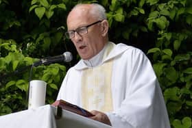 2018: The late Fr Aidan Mullan, Adm. Long Tower  Church, pictured at an  Open Air Mass to celebrate the Feast of the Visitation of the Blessed Virgin Mary, held at the Brandywell Grottot.  DER2218G035