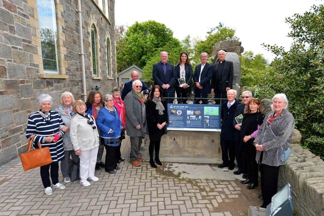 2019: Ivor Doherty, Aras Cholmcille Heritage Centre, Maria McDermott, NIHE, Eddie Breslin, NIHE, Fr Aidan Mullan Administrator Long Tower Church, and the Very Rev Raymond Stewart, Dean of St Columb’s Cathedral, pictured with members of the Hervey Heritage Group at the launch of the Hervey Trail at St Columba’s Long Tower Church.  DER1819GS-002
