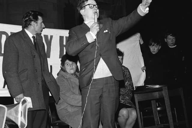 1967... Fionnbarra addresses a housing protest at Guildhall Square. Included are Eamon Melaugh and Bridget Bond.