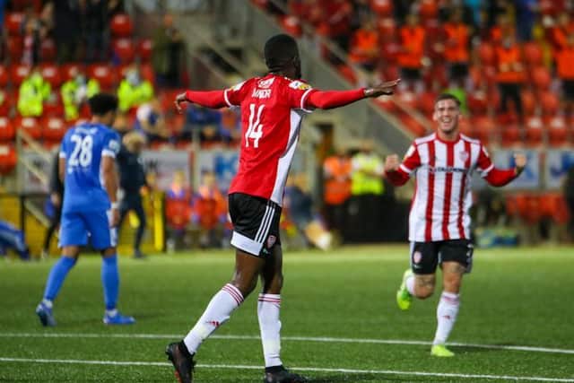 Junior Ogedi-Uzokwe celebrates after putting Derry City ahead 19 minutes into Friday's north west derby. Photograph by Kevin Moore.
