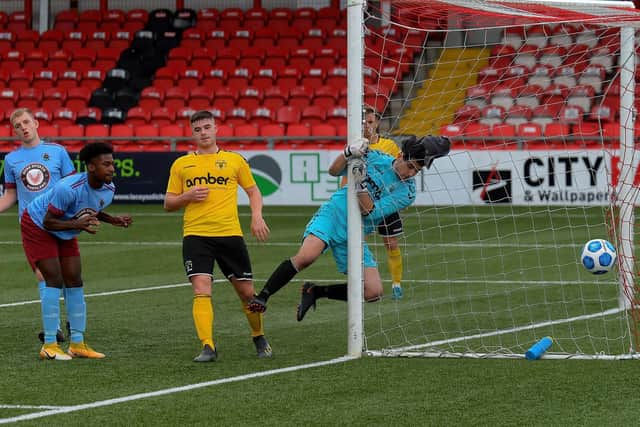 Institute’s Gabriel Aduaka watches as his effort goes narrowly wide against H&W Welders at Brandywell  Stadium on Saturday afternoon last.  Photo: George Sweeney. DER2136GS – 110