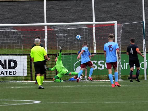 Benny McLaughlin (10) scores a 95th minute goal to give Institute a 2-1 win over Ards at Brandywell Stadium. Photo: George Sweeney