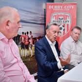 New Derry City honorary president Paul Diamond pictured alongside CEO Sean Barrett and chairman Philip O'Doherty. Photograph by Kevin Morrison.
