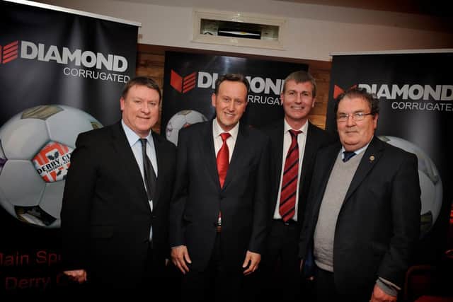 Newly installed club president, Mr. Paul Diamond pictured with his predecessor, the late John Hume, chairman Philip O’Doherty and ex-City boss and current Ireland manager Stephen Kenny.