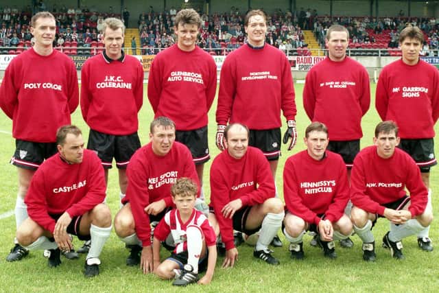 Kevin McKeever, third from left on back row, pictured in a star-studded Derry City side at Brandywell Stadium.