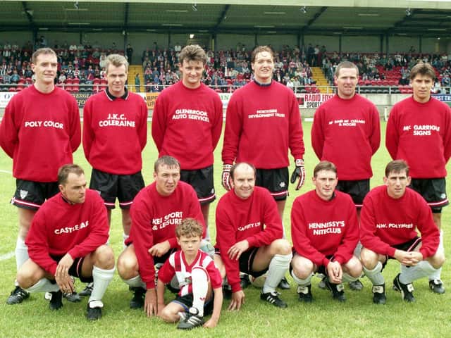 Kevin McKeever, third from left on back row, pictured in a star-studded Derry City side at Brandywell Stadium.