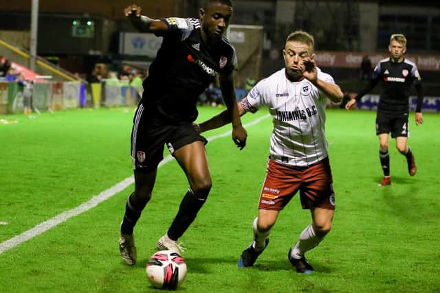 Junior in action against Bohemians Keith Ward in Dalymount Park on Monday night. Photograph by Kevin Moore.