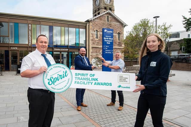 Pictured L-R: Translink’s Sean Brown, Mark Montgomery and Andy Bate with Keep Northern Ireland Beautiful’s Rachel Vaughan.