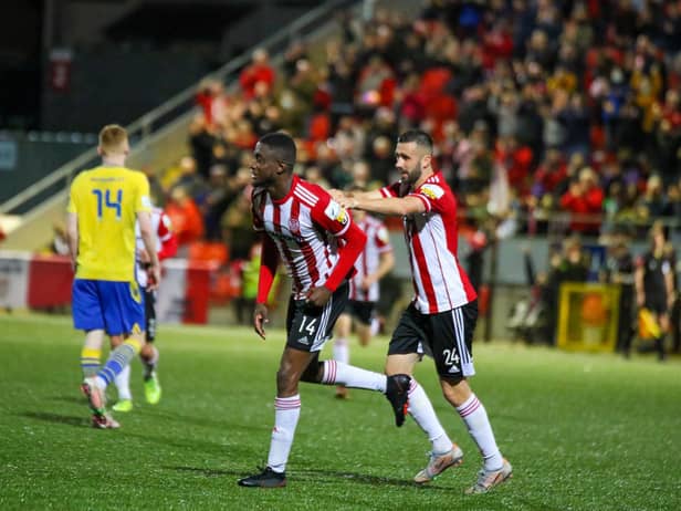 Junior celebrates Derry's third goal. Picture by Kevin Moore.