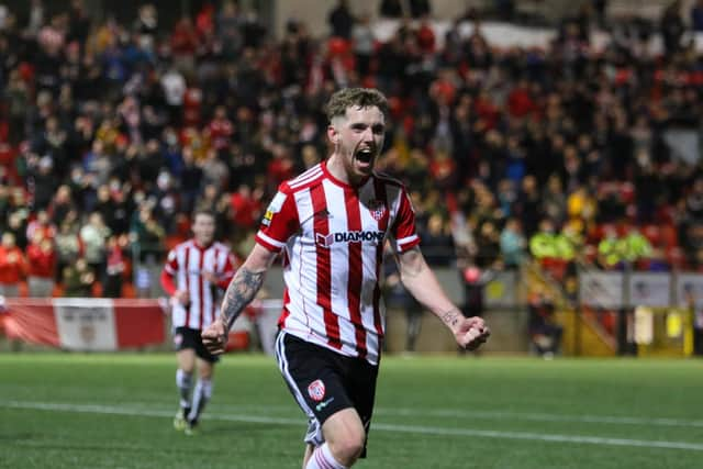 Jamie McGonigle celebrates putting Derry ahead against Longford Town. Photograph by Kevin Moore.