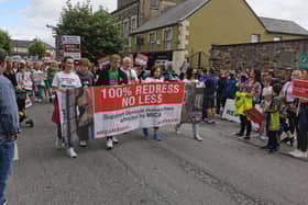 Paddy Diver, his family and campaigners pictured at the start of a protest in Lifford recently.