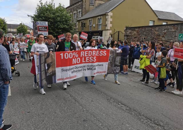 Paddy Diver, his family and campaigners pictured at the start of a protest in Lifford recently.