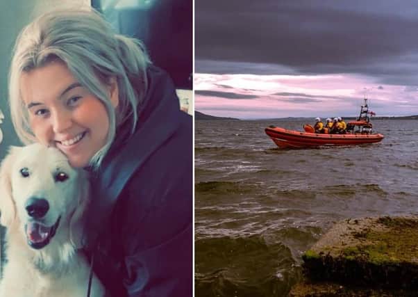 Aoife Corcoran and her dog, Boris and on right, the Lough Swilly RNLI lifeboat.