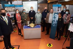 Mayor Graham Warke pictured with Roisin Doherty, curator Tower Museum, Betty Doherty, Education and Access officer, at the launch of a temporary exhibition entitled 'Sports of Our Time' at the Tower Museum. Also included are family members of champion boxer Billy 'Spider' Kelly, Olympic hero Anthony Hegarty and Terry Watt, Judo (1972 Summer Olympics). (Photo - Tom Heaney, nwpresspics)