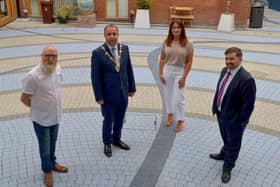 2020: Robin Swann MLA, Minister of Health, on the right, pictured with Joe Thompson, Project Co-ordinator CCIS, then Mayor Colr. Brian Tierney , and Sharon Hill, Project Manager CCIS, during a visit to Extern. DER2025GS - 011