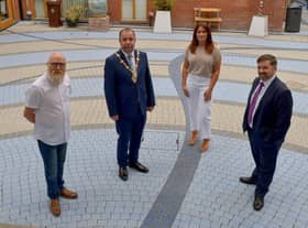 2020: Robin Swann MLA, Minister of Health, on the right, pictured with Joe Thompson, Project Co-ordinator CCIS, then Mayor Colr. Brian Tierney , and Sharon Hill, Project Manager CCIS, during a visit to Extern. DER2025GS - 011