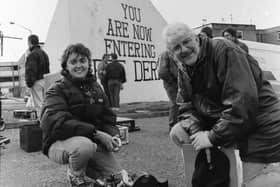 Martha O’Neill, producer of Bogwoman, consults with director Tom Collins during filming of the feature film in Derry.