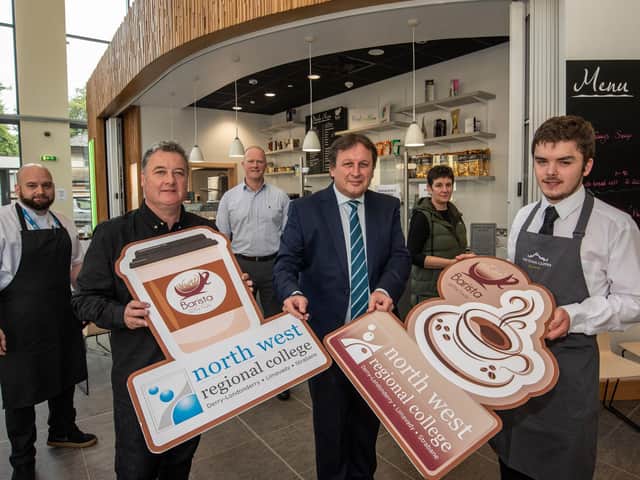 Caption: Aaron McDevitt, Catering and Hospitality Manager, Gareth O’Connor,
NWRC Lecturer in Hospitality, and owner of the Silver Bean, Peter Wisener,
Deputy Head of Hospitality and Catering at NWRC, Leo Murphy, Chief
Executive and Principal of NWRC, Leyonia Davey, Curriculum Manager,
Hospitality and Catering NWRC, and student Ben Hall, pictured at the opening
of the ‘Barista @ the Foyle Coffee’ Shop at NWRC. (Picture by Martin
McKeown)
