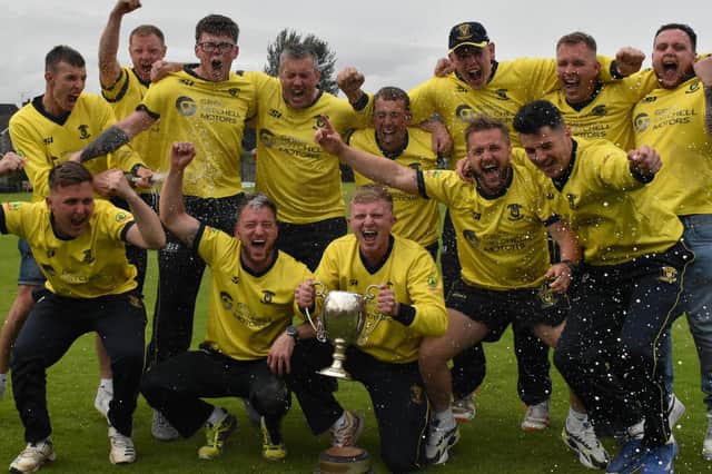 Fox Lodge celebrate their historic North West Senior Cup victory over Newbuildings. (Photo: Lawrence Moore)