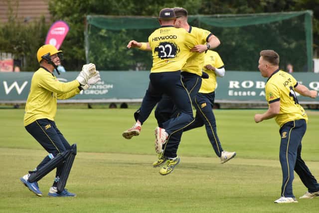 Fox Lodge celebrate the run out of Ryan Hunter during the North West Senior Cup Final. (Photo: Lawrence Moore)