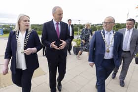 Taoiseach Micheál Martin meets with the Letterkenny Chamber of Commerce President, Kristine Reynolds (L), and Londonderry Chamber of Commerce President, Aidan O’Kane, at the Tata Consultancy Services offices in the Letterkenny Technology Park, Letterkenny, Co. Donegal. Photo by Joe Dunne 15/07/22