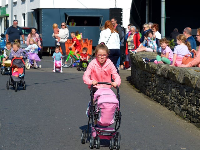 Off to a good start in the children’s Pedal Powered Tractor Run and Doll Push at the Greencastle Regatta on Friday afternoon last. Photo: George Sweeney. DER2231GS – 070
