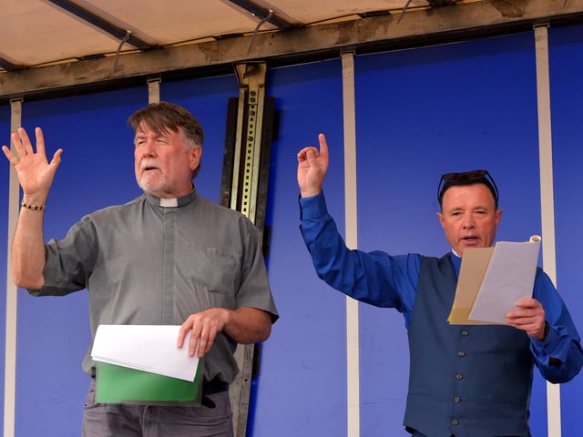 Fr Patrick O’Hagan PP, Moville, and the Rev Alan McCracken, COI, Moville blessing the Greencastle fishing fleet at the annual service on Friday afternoon last. Photo: George Sweeney. DER2231GS – 064