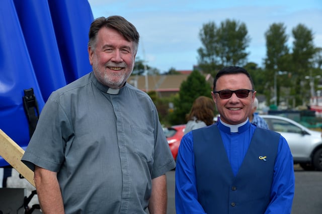 Fr. Patrick O’Hagan PP Moville and the Rev. Alan McCracken, Church of Ireland, Moville, led prayers and blessed the Greencastle fishing fleet on Friday afternoon last. Photo: George Sweeney.  DER2231GS – 058