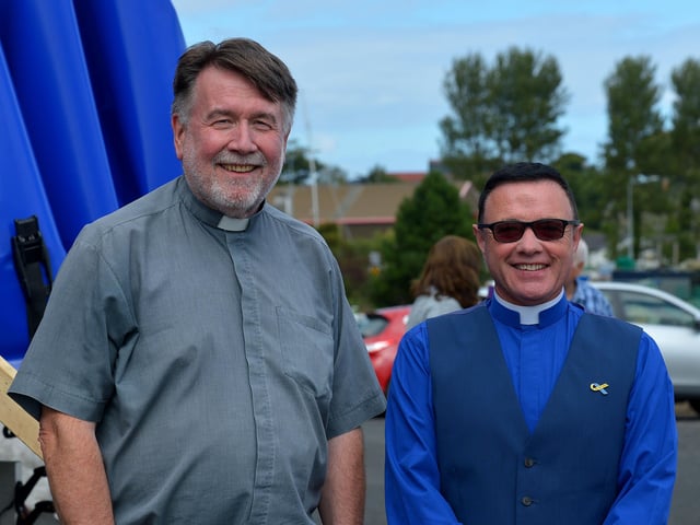 Fr. Patrick O’Hagan PP Moville and the Rev. Alan McCracken, Church of Ireland, Moville, led prayers and blessed the Greencastle fishing fleet on Friday afternoon last. Photo: George Sweeney.  DER2231GS – 058