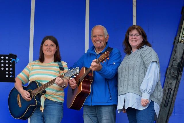 Amy McColgan, Jack McLaughlin and Maura Gillen provided music and song at the Annual Blessing of the Greencastle fishing fleet, in the village, on Friday afternoon last. Photo: George Sweeney.  DER2231GS – 059