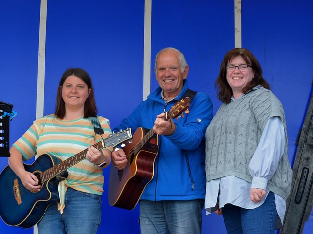 Amy McColgan, Jack McLaughlin and Maura Gillen provided music and song at the Annual Blessing of the Greencastle fishing fleet, in the village, on Friday afternoon last. Photo: George Sweeney. DER2231GS – 059