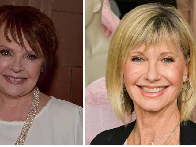 Dana in Derry in recent times (George Sweeney  Derry Journal) and right, Olivia Newton John pictured back in 2019.  (Photo by Rodin Eckenroth/Getty Images)