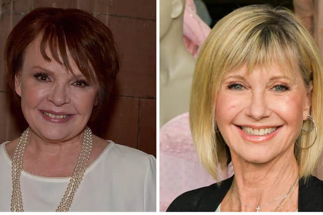 Dana in Derry in recent times (George Sweeney Derry Journal) and right, Olivia Newton John pictured back in 2019. (Photo by Rodin Eckenroth/Getty Images)
