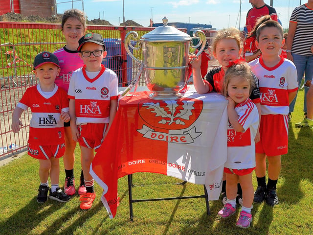 Cousins from the Quigley and McLaughlin families pictured with the Anglo Celt Cup at the Sean Dolan's Cul Camp held on Tuesday last. Photo: George Sweeney. DER2232GS – 001