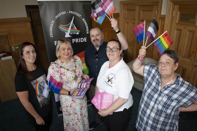 FOYLE PRIDE FESTIVAL 2022 LAUNCH. . . .The Mayor of Derry City and Strabane District Council, Sandra Duffy pictured launching the Foyle Pride Festival 2022 at the Mayorâ€TMs Parlour, Guildhall on Tuesday evening. The festival will run from Sunday, 21st-Saturday, 27th August with events throughout the city and district. Included in photo are, from left, Jennifer Kane, committee, Donal Henderson, secretary, Kathleen Bradley, chair and Ann Cassidy, committee. (Photo: Jim McCafferty Photography)