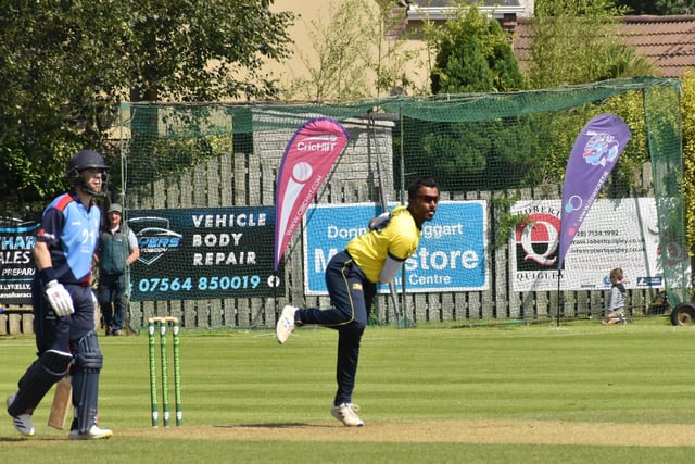 Fox Lodge's overseas player, Geeth Kumara, bowling during the Sports Hub North West Senior Cup Final at Eglinton. (Photo: Lawrence Moore)